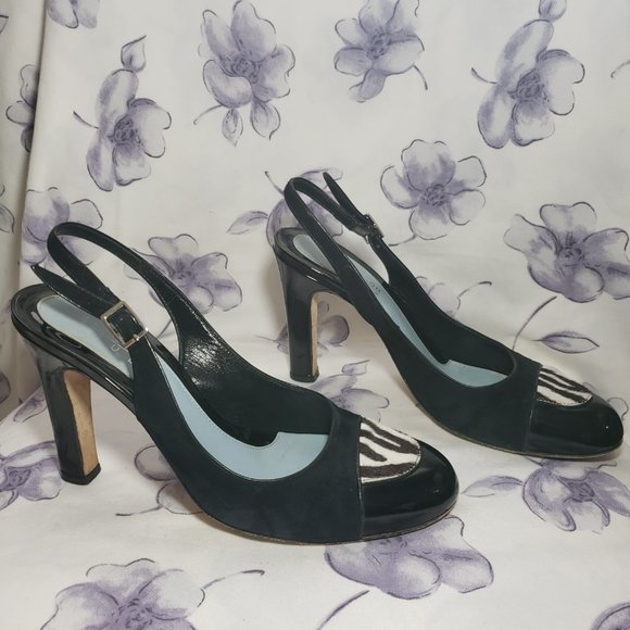 Lambertson Truex Suede /patent leather Cap Toe Slingback Heels Women US7.5 EU38 - Picture 7 of 13